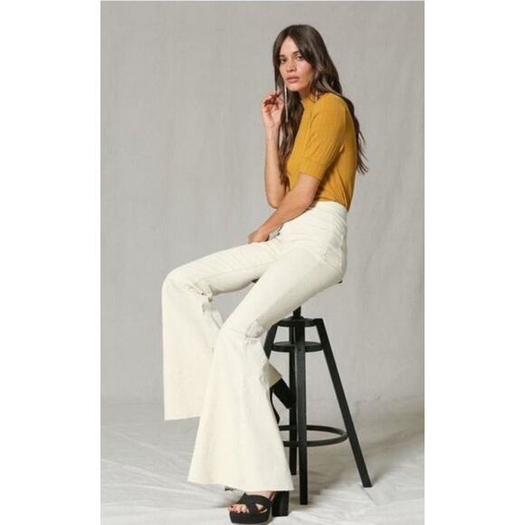 By Together Super High-Rise Raw Hem Bell Bottom in Cream, Small - Picture 1 of 7